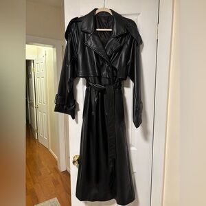 Faux Leather Long Black Belted Trench Coat
